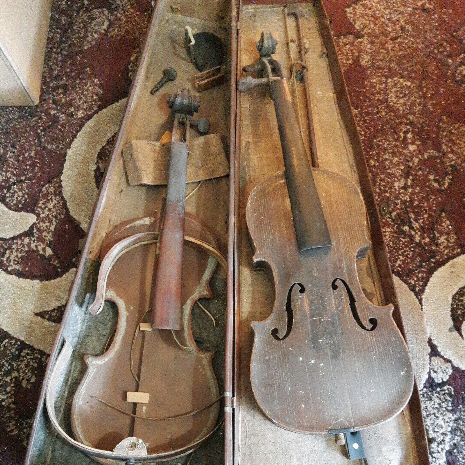 2 Antique German Violin Marked "hopf" For Restoration Many Parts Lot